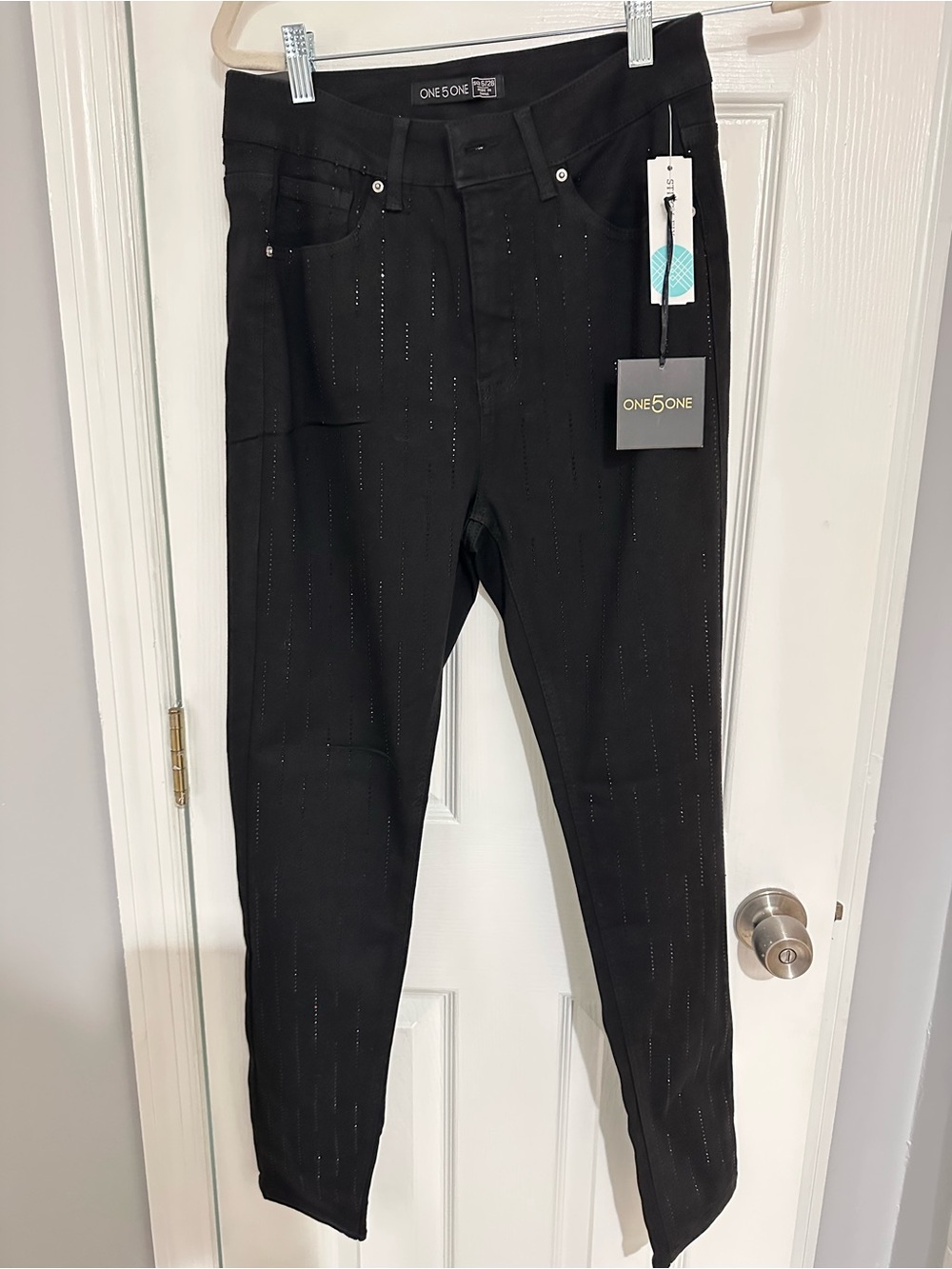 one 5 one Black Skinny Jeans with Subtle Vertical Stud Detailing